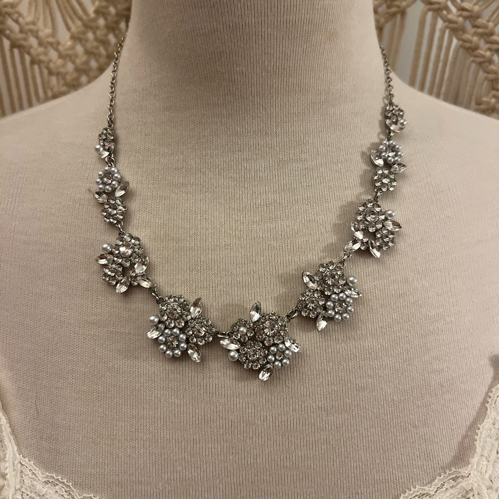 Monet Elegant Silver Floral Rhinestone and Pearl  Necklace